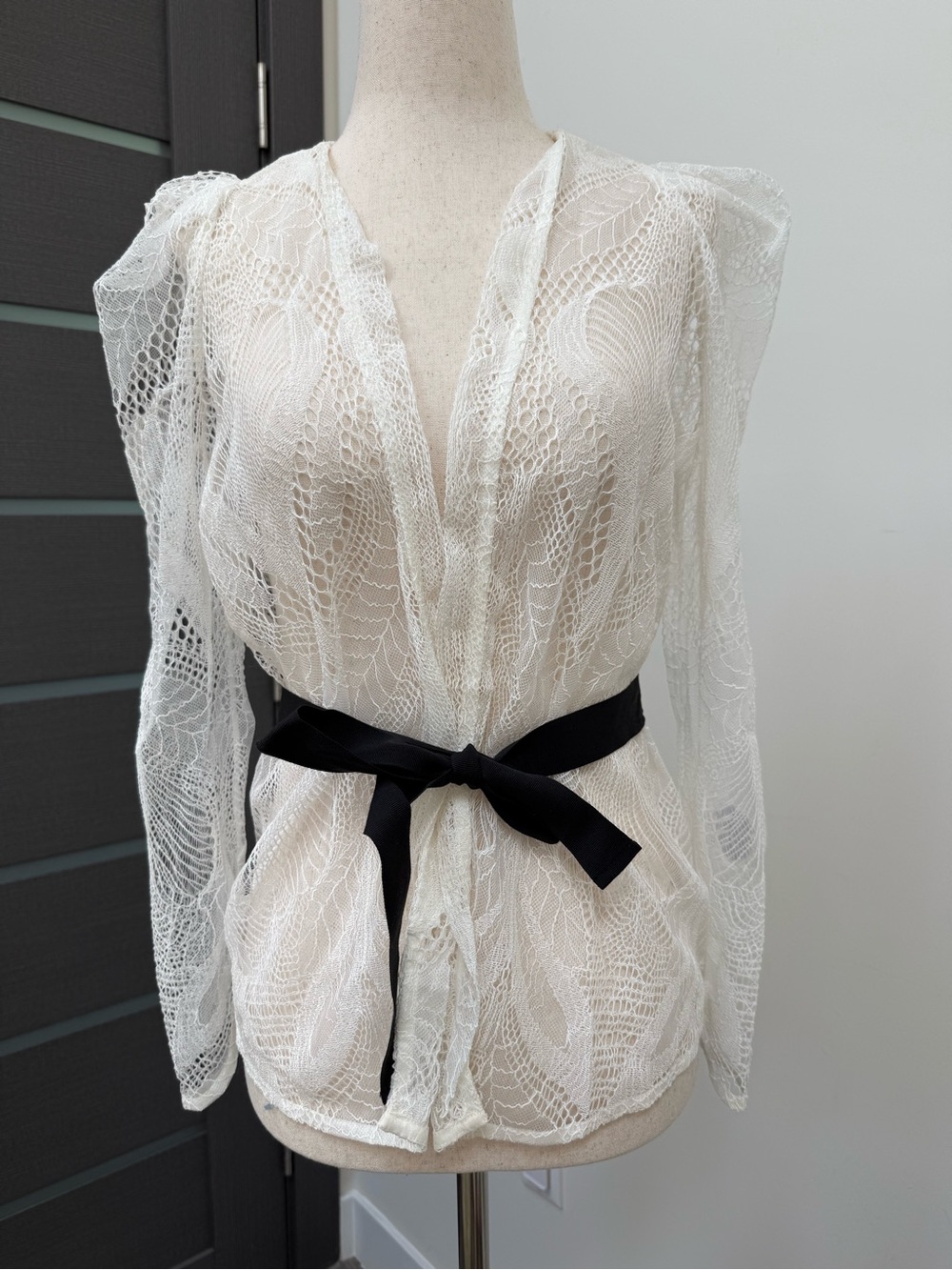 Maje White Lace Sheer Blouse with Black Waist Tie
